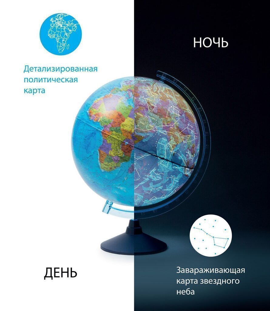 Глобус д-р 250 Политический (День и Ночь), двойная карта, подсветка от сети, классик, карт.короб
