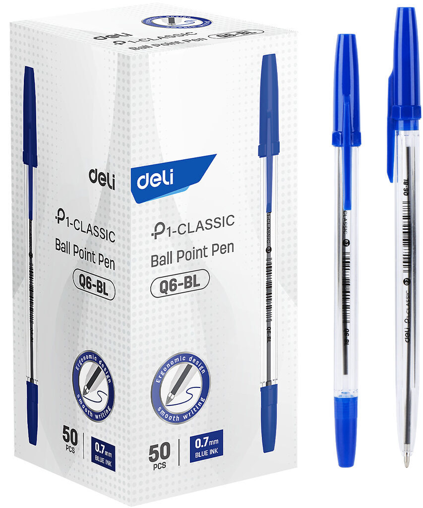 Ручка шар. Deli P1-Classic  синяя, 0,7мм, прозрачный корпус