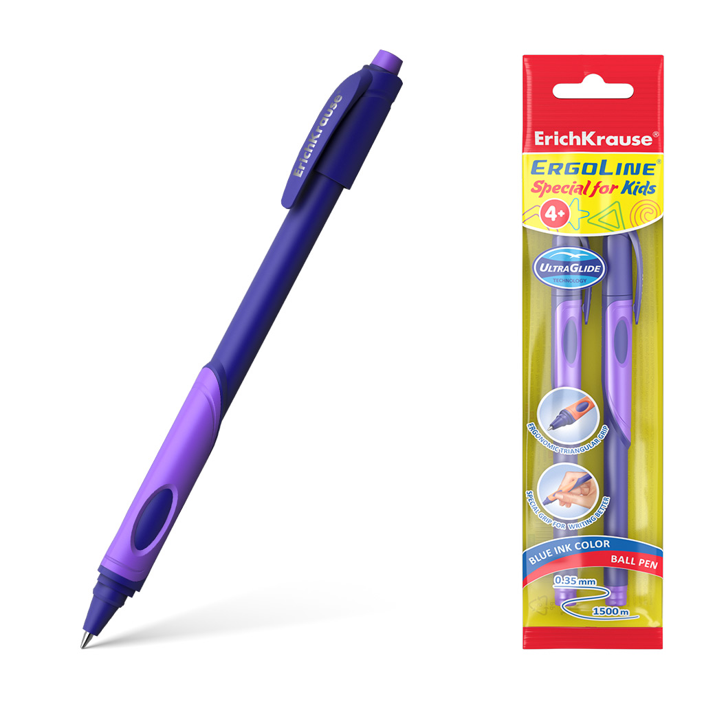 Набор ручек шар. ЕК ErgoLine Kids Stick Grip Neon 0.7мм синяя, фиолет.грипп (2шт. в блистере)