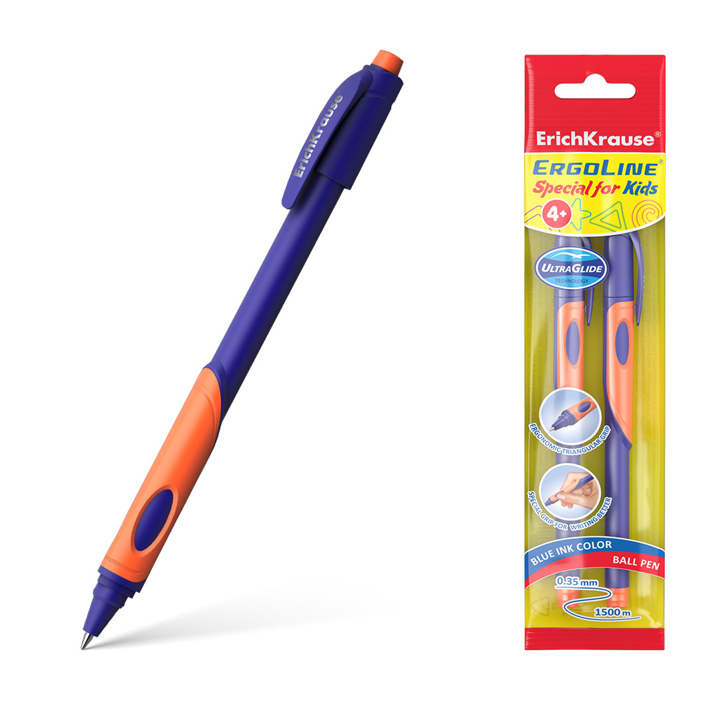 Набор ручек шар. ЕК ErgoLine Kids Stick Grip Neon 0.7мм синяя, оранж.грипп (2шт. в блистере)